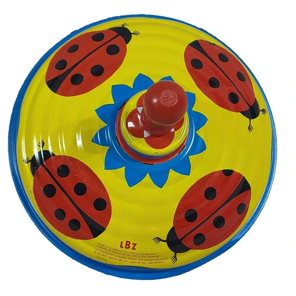 Vintage Lorenz Bolz Zirndorf Tin Spinning Top Ladybugs Yellow Red Blue Germany - Picture 2 of 7